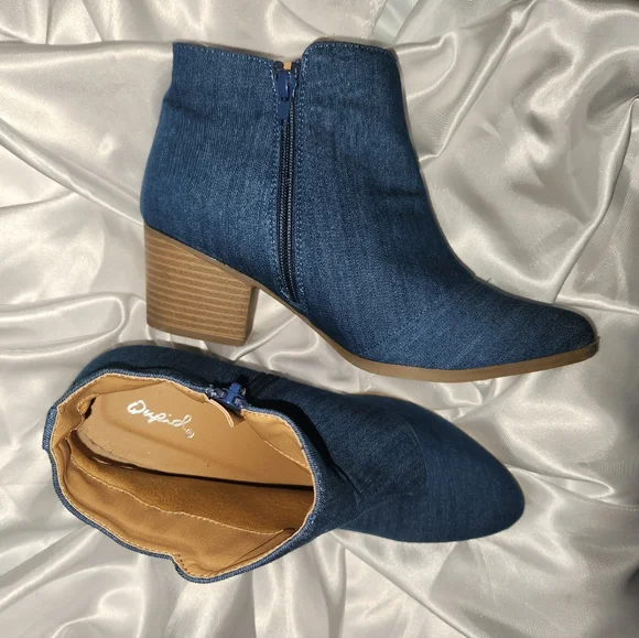 Qupid Denim Booties | Rose Design | Sz 8 - Picture 2 of 4